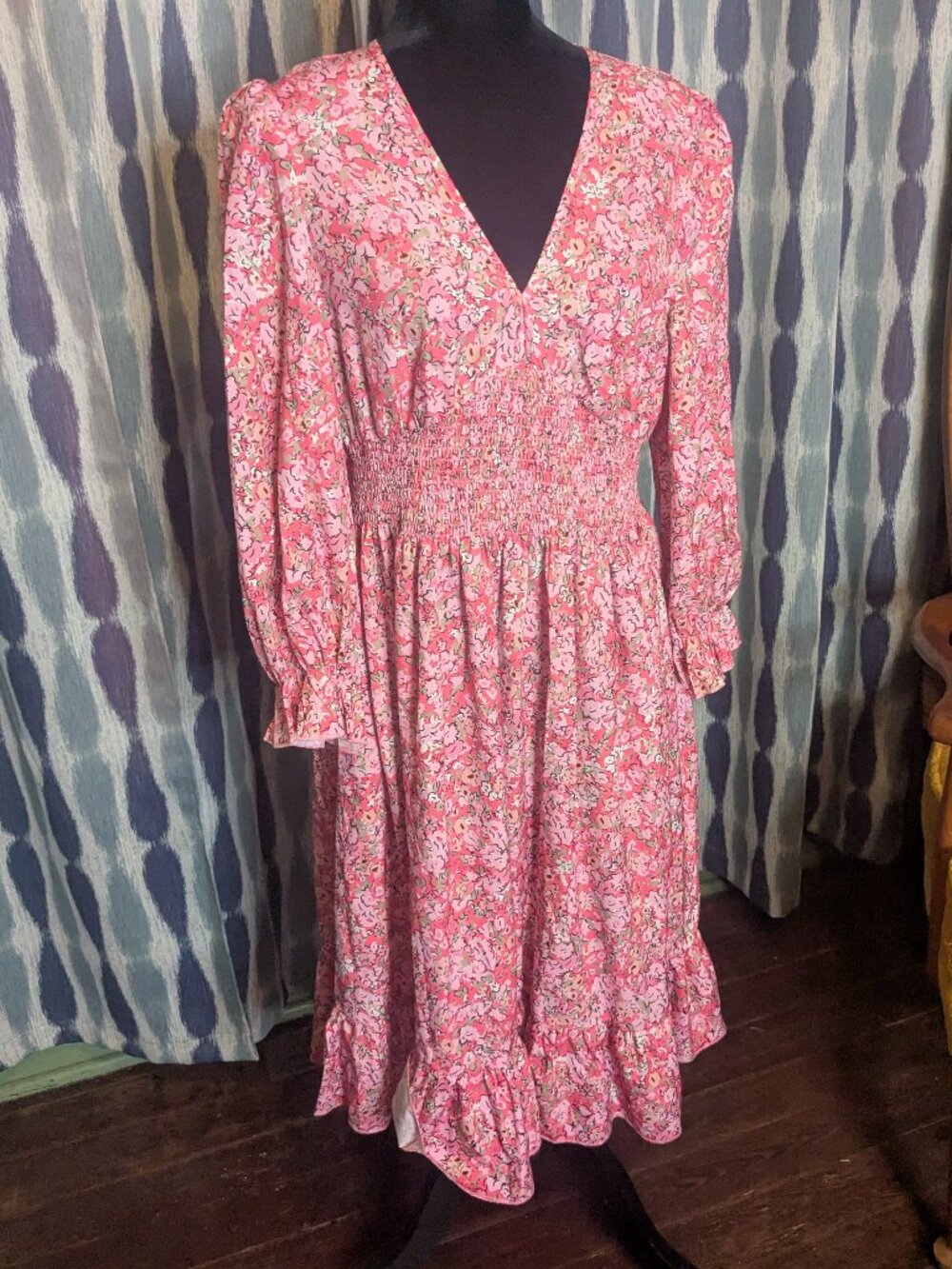 NoraCora Pink Floral Smocked Midi Dress Size L Cottagecore